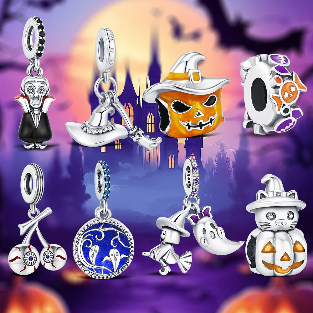 2025 925 Sterling Silver Halloween Charm Spooky Ghost Pumpkin Pendant For Women Men Making DIY Bracelet Party Jewelry Gift