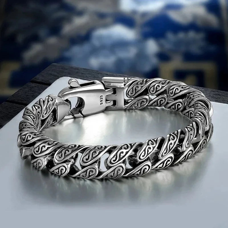 Real S925 Sterling Silver personality Tang grass pattern men's and women's retro hip Hop bracelet fashion certified jewelry gift