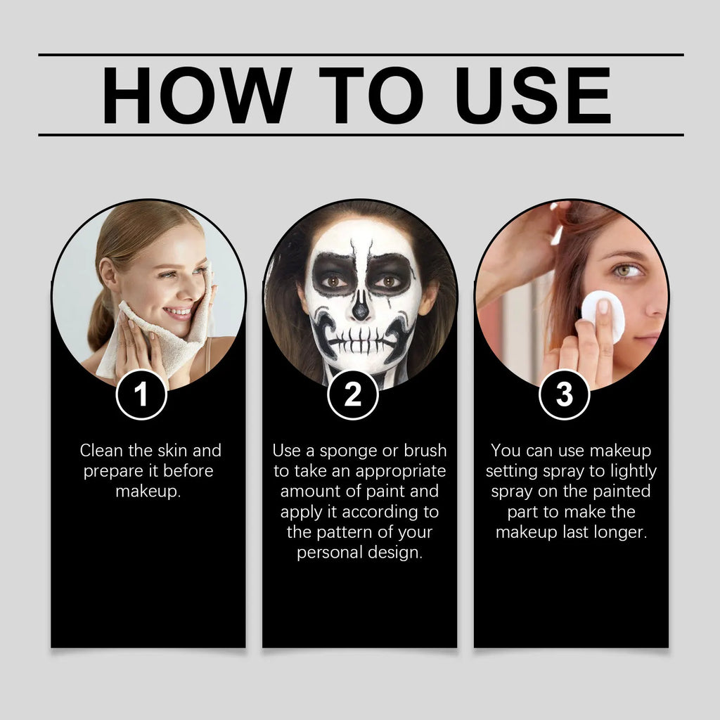 Black White Face Body Paint Kit Cover Foundation Clown Colorful Long Lasting Waterproof Halloween Festive Makeup Accessories Set