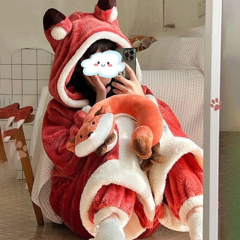 Women's Onesies Flannel Cosplay Costume Dinosaur Panda Fox Animal Pajama Cartoon Hooded Sleepwear Halloween Christmas Nightdress
