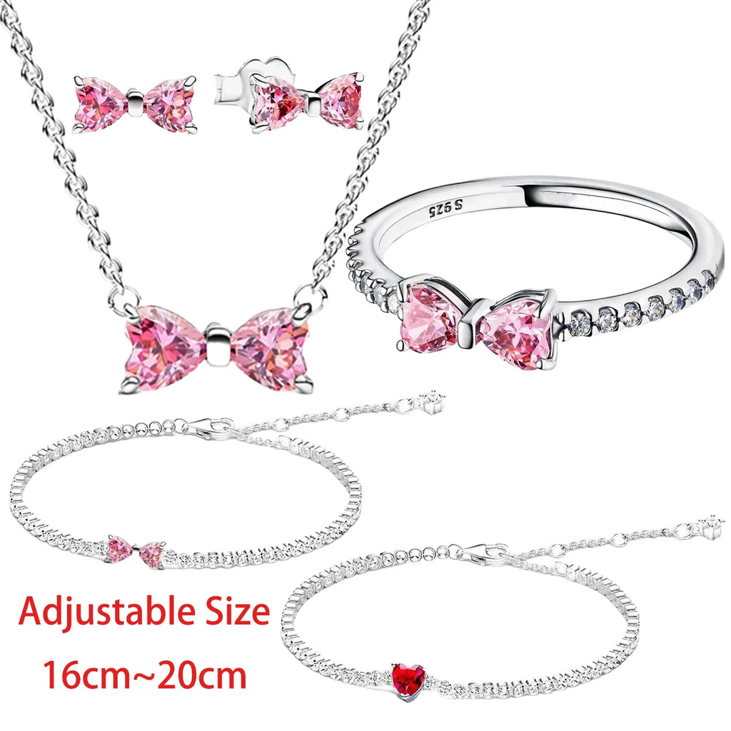 Hot Selling Original 925 Sterling Silver Pink Bow Ring Earrings Bracelets Necklace DIY Women Fine Jewelry Valentine's Day Gift