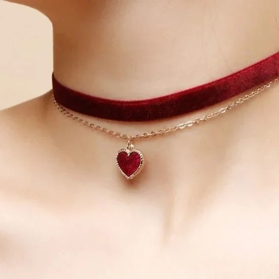New Year Wine Red Heart Choker Double Layer Necklace Lock Bone Chain Neck Band Velvet Heart Necklace Gift