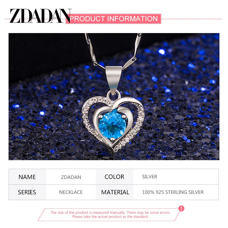 ZDADAN 925 Silver Double Heart Blue Zircon Necklace Chains For Women Wedding Jewelry