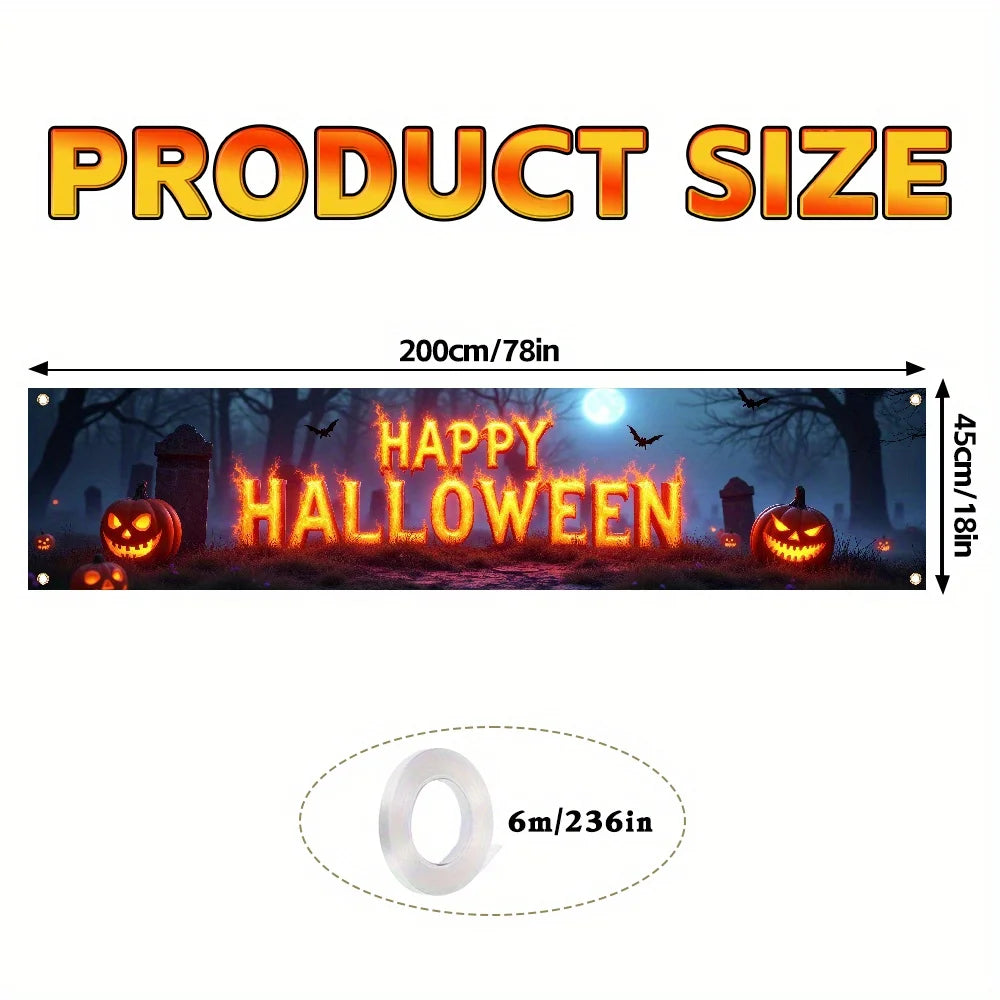 One Halloween-themed banner, featuring a creepy cemetery, bat and pumpkin lantern design