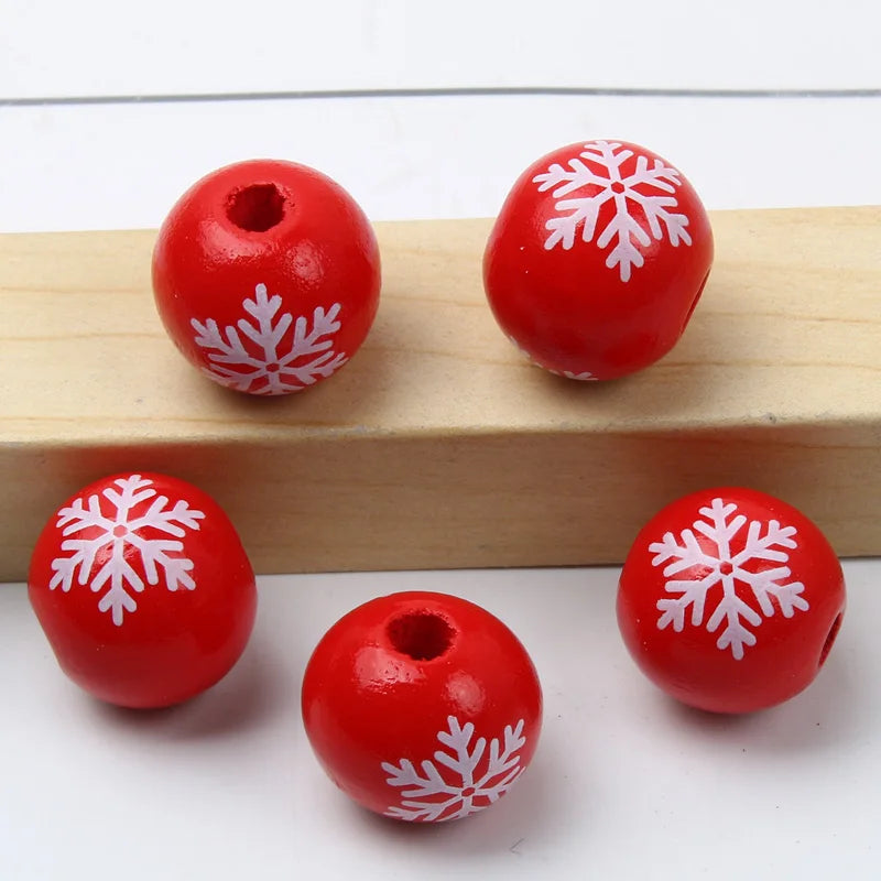 Round Balls Red Green Wooden Beads 15mm Cartoon Tree Letter Pattern Halloween Christmas Beads For Jewelry Making DIY Accessories