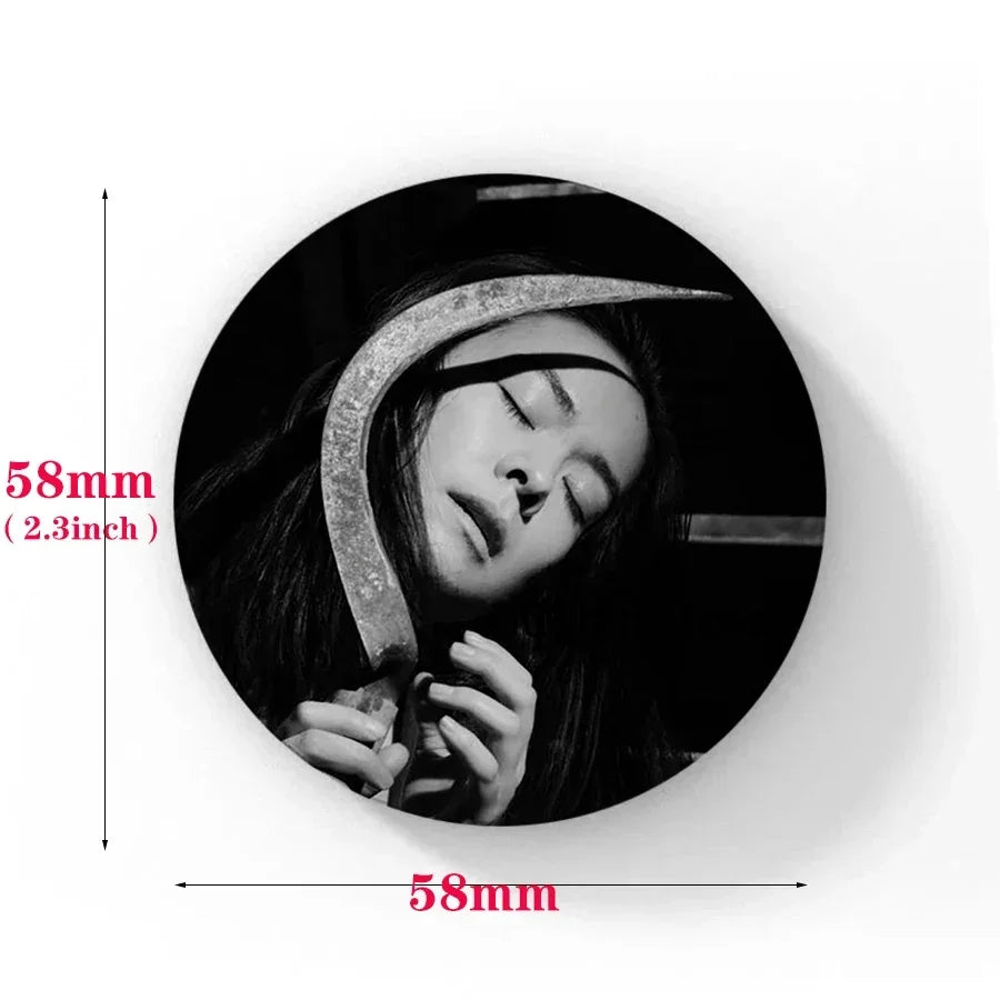 58mm Singer Mitski Enamel Pins Black and White Handmade Brooch Cartoon Cosplay Badge on Backpack Jewelry Accessories Gifts