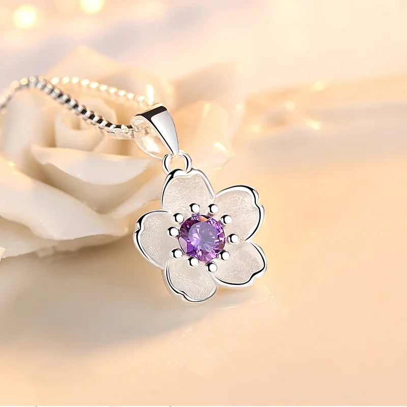 925 Sterling Silver Pink Purple Peach Blossom Necklaces For Women Luxury Designer Jewelry Accessories Wholesale Jewellery