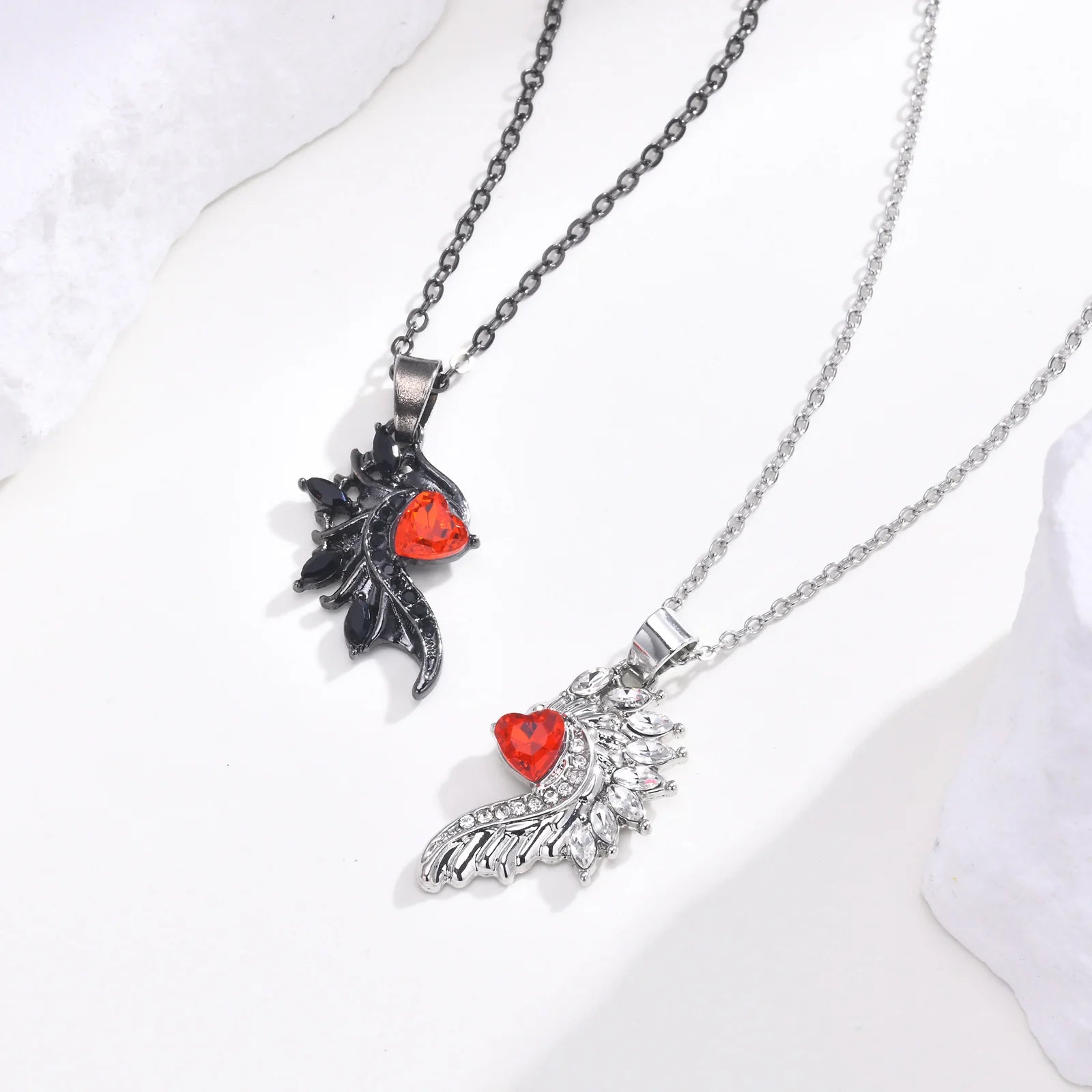 Mprainbow Angel Devil Wings Couple Pendant with Red Heart Stone,Black and White Simple Valentine's Day Gift Necklace Set