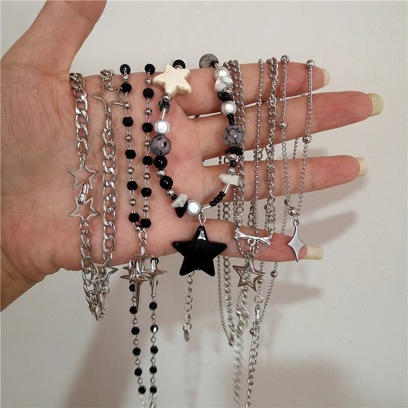 Kpop Goth Vintage Cool Y2K Star Pendant Beaded Silver Color Chain Necklace For Women Men Aesthetic Grunge EMO Jewely Accessory