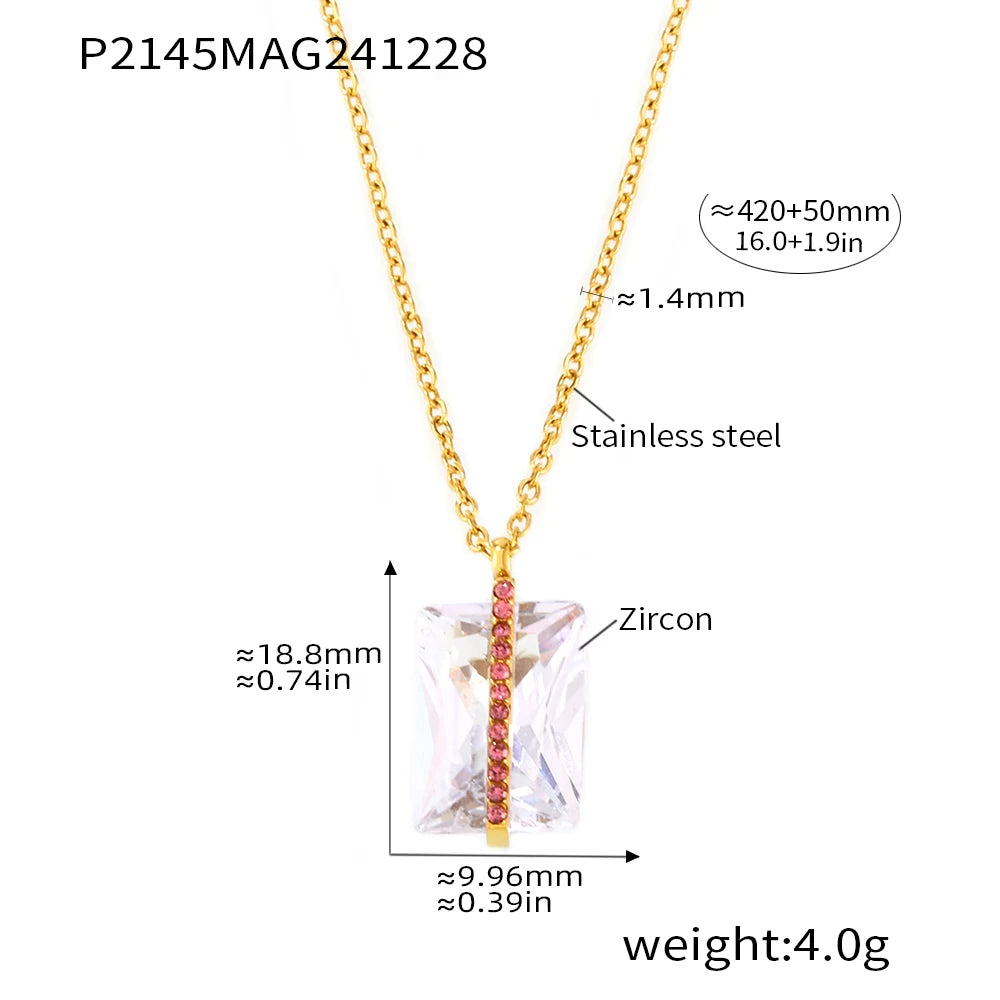 Chain Necklace In Stainless Steel With Large Square Zircon Pendant 18k Gold Plated Luxury Neck Chains Charm Necklaces For Women