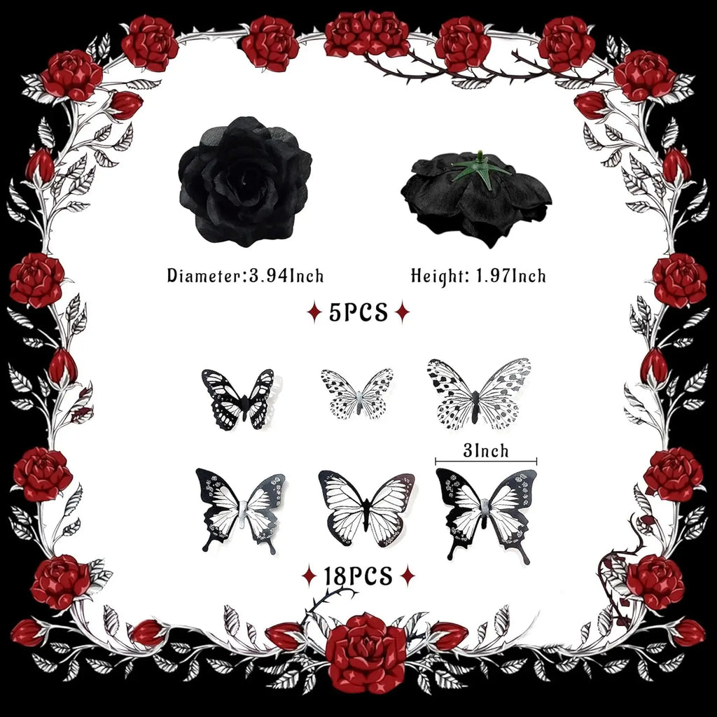 23pcs Goth Birthday Decorations Black Roses Topper Black Shiny Butterfly Death Cake Decoration for Halloween Birthday Supplies