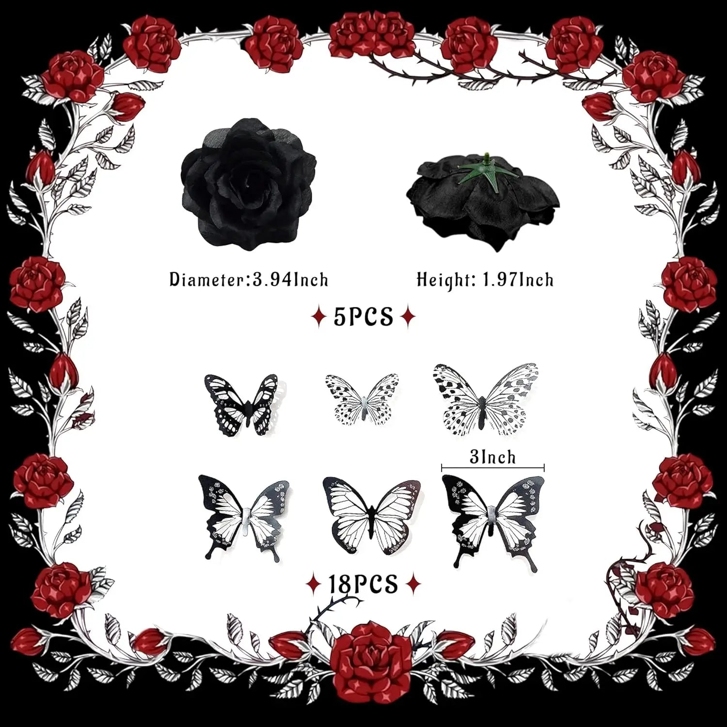 23pcs Goth Birthday Decorations Black Roses Topper Black Shiny Butterfly Death Cake Decoration for Halloween Birthday Supplies