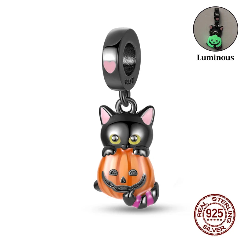 2025 Hot Sale Halloween Charms Bead 925 Sterling Silver Luminous Pumpkin Ghost Dangle Fit Bangle Bracelet Necklace DIY Jewelry