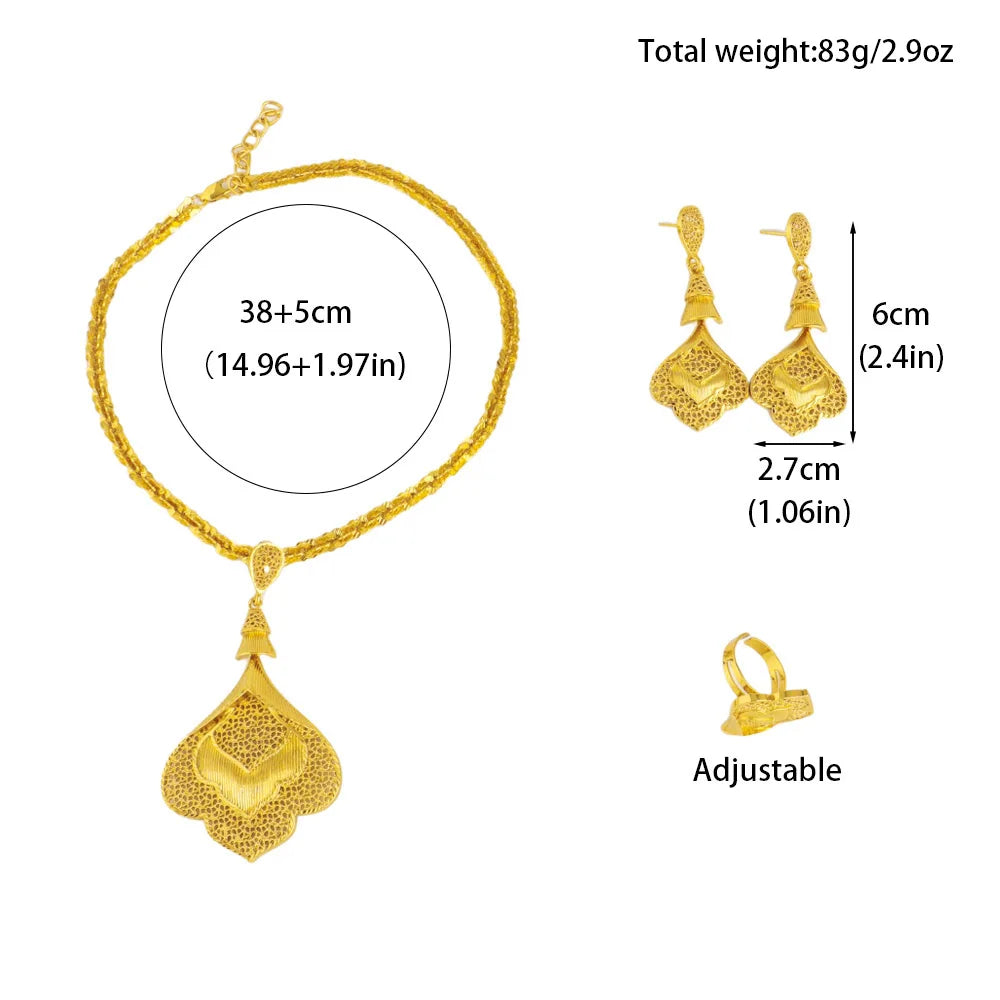 Nigerian Jewelery Set For Women Dubai 24K Gold Color Jewlery African Designer Wedding Bridal Necklace Earring Ring Gift