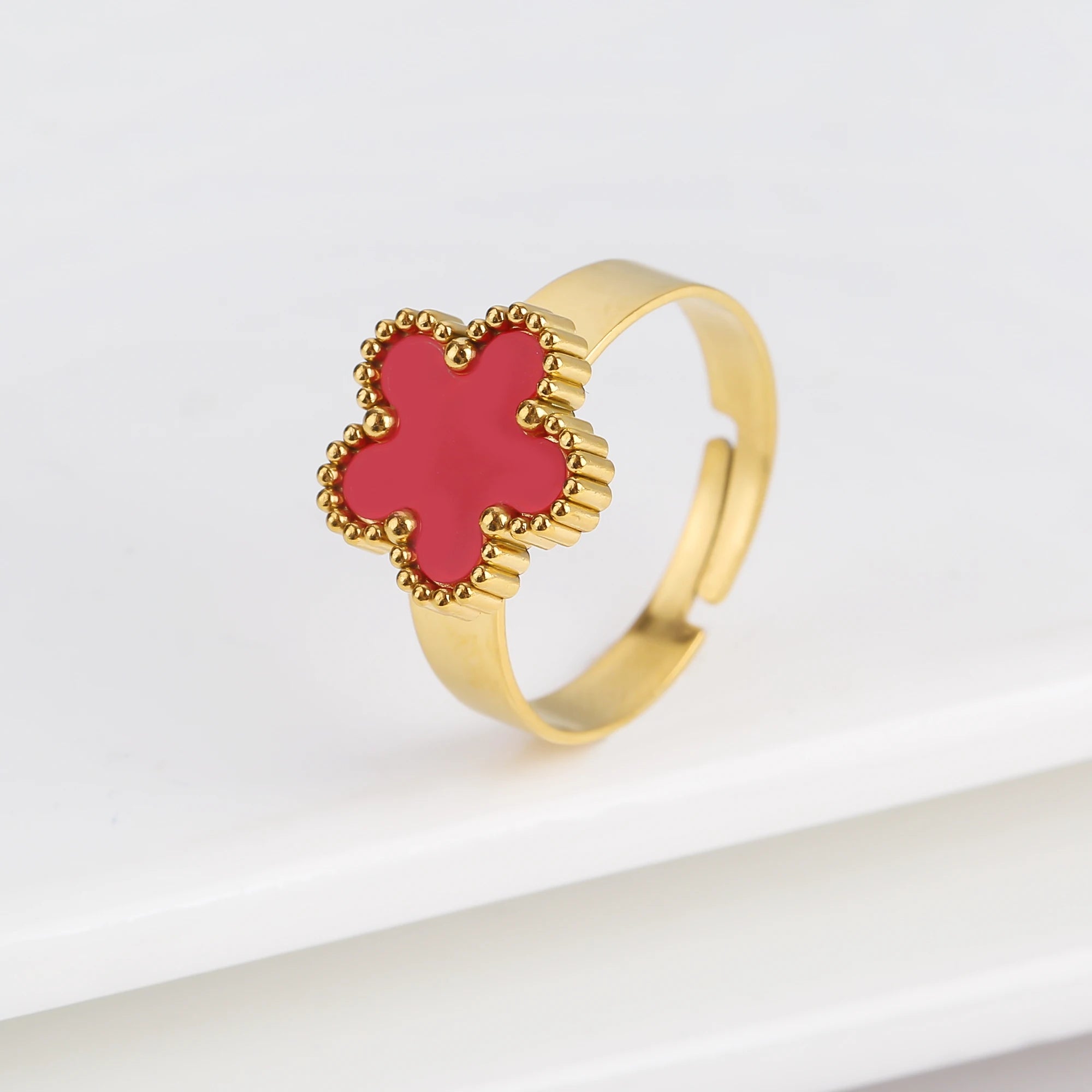 Adjustable Stainless Steel five-leaf Flower Opening Ring Fashion Women Plum Blossom Finger Jewelry Classic Party Gift Clover