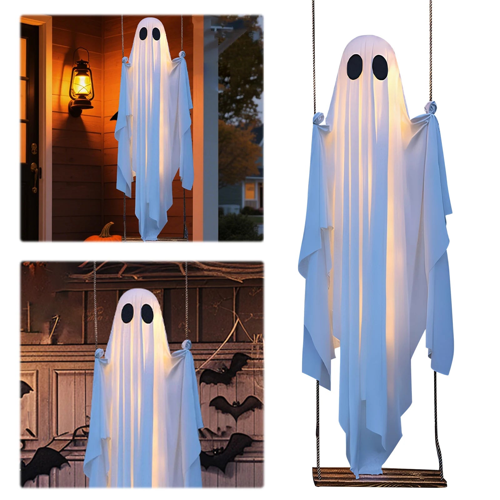Halloween Hanging Ghosts Decorations with String Lights Scary Ghost Decor Ghost Ornaments for Tree Porch Yard Garden Lawn