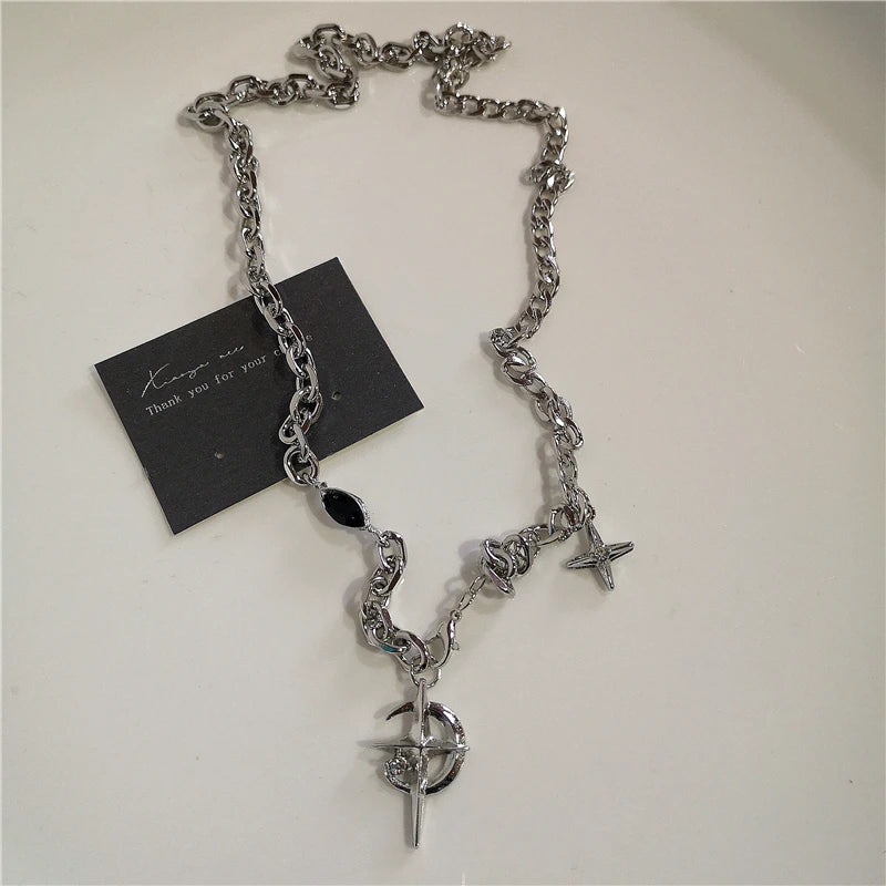 Punk Rock Black Heart Cross Pendant Chain Necklace For Men Women Cool Hip Hop Street Vintage 90s Y2K Grunge Goth Accessories