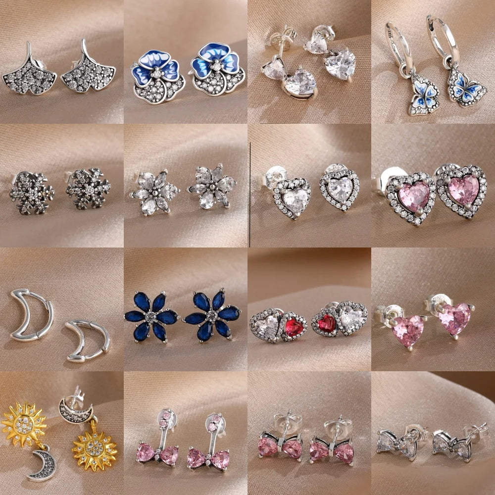 2025 New 925  silver earrings with sparkling red heart and pink bow earrings that fit original women's jewelry DIY birthday gift