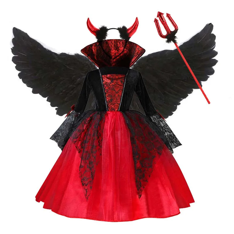 Girl Vampire Halloween Dress For Kid Ghost Bride Gothic Cosplay Vampire Costume Count Vampiran Carnival Outfit Black Red Clothes