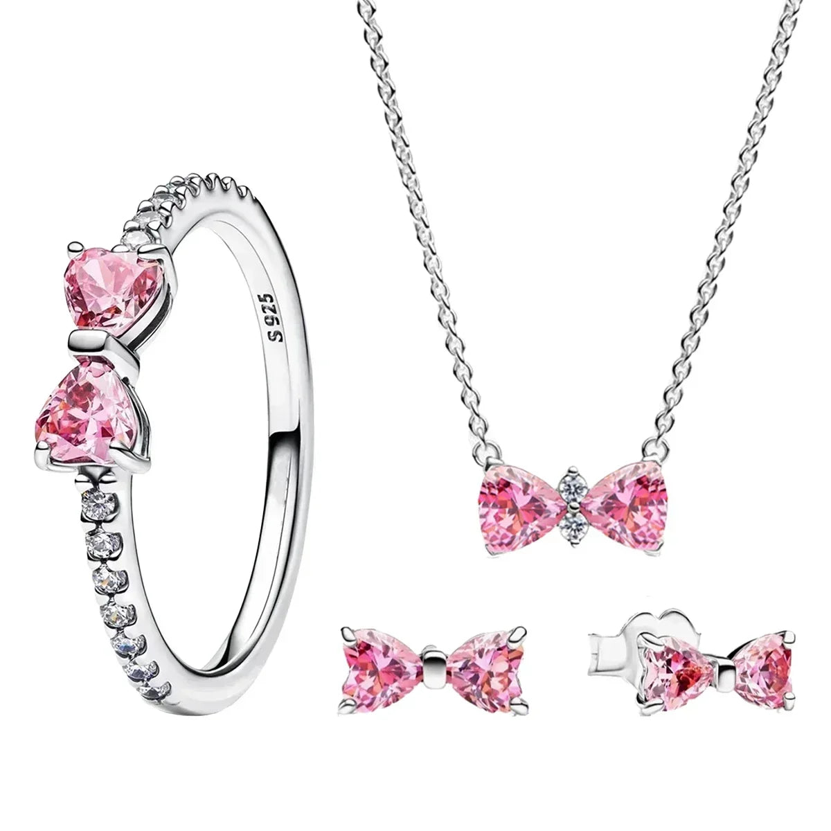 New 925 Silver Zircon Shining Ring Colorful Bow Tie Set Ring Earrings Bracelet Necklace Original For Women DIY Fine Jewelry Gift