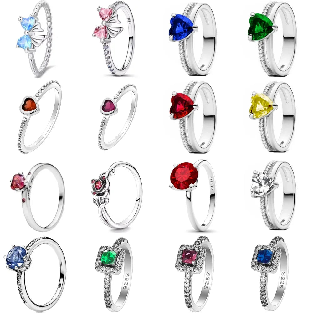 European New 925 Silver, Heart-Shaped, Square, Bow Ring Suitable for Exquisite High-Quality Jewelry for Women at Wedding Parties