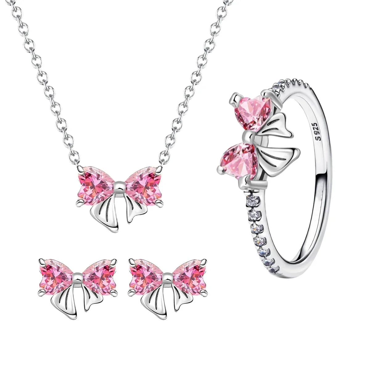 New 925 Silver Shining Ring Colorful Bow Tie Set Zircon Ring Earrings Bracelet Necklace Original For Women DIY Fine Jewelry Gift