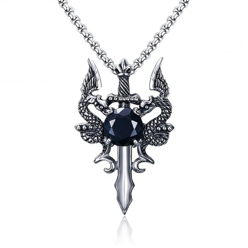 Double Dragon Red Stone Sword Cross Pendant Necklace For Men INS Vintage Stainless Steel Neck Chain Cool Hip Hop Jewelry Gifts