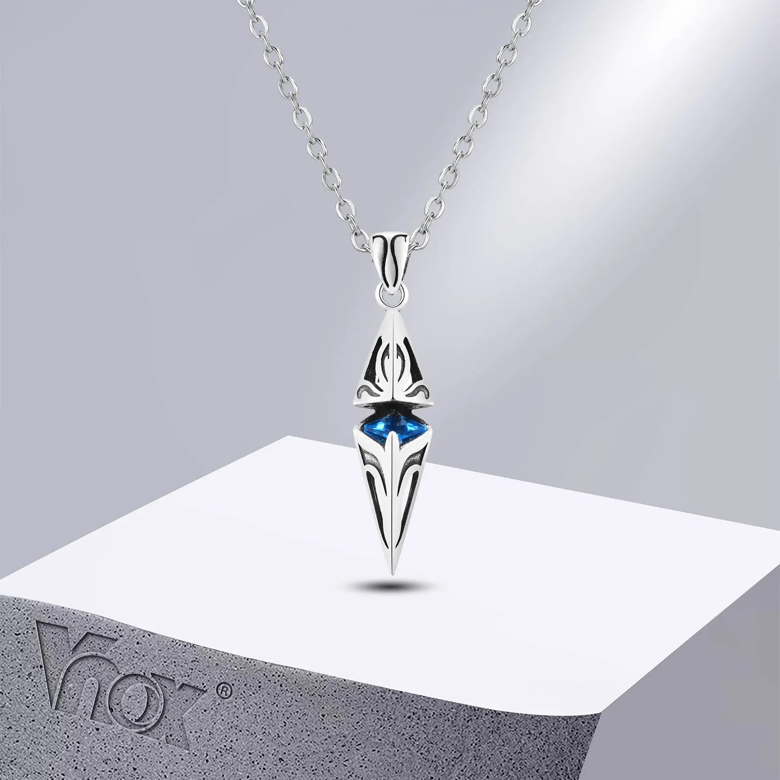 Vnox Stylish Blue Stone Necklaces for Men, Stainless Steel Cube Geometric Pendant Collar Jewelry, Birthday Party Gifts for Him