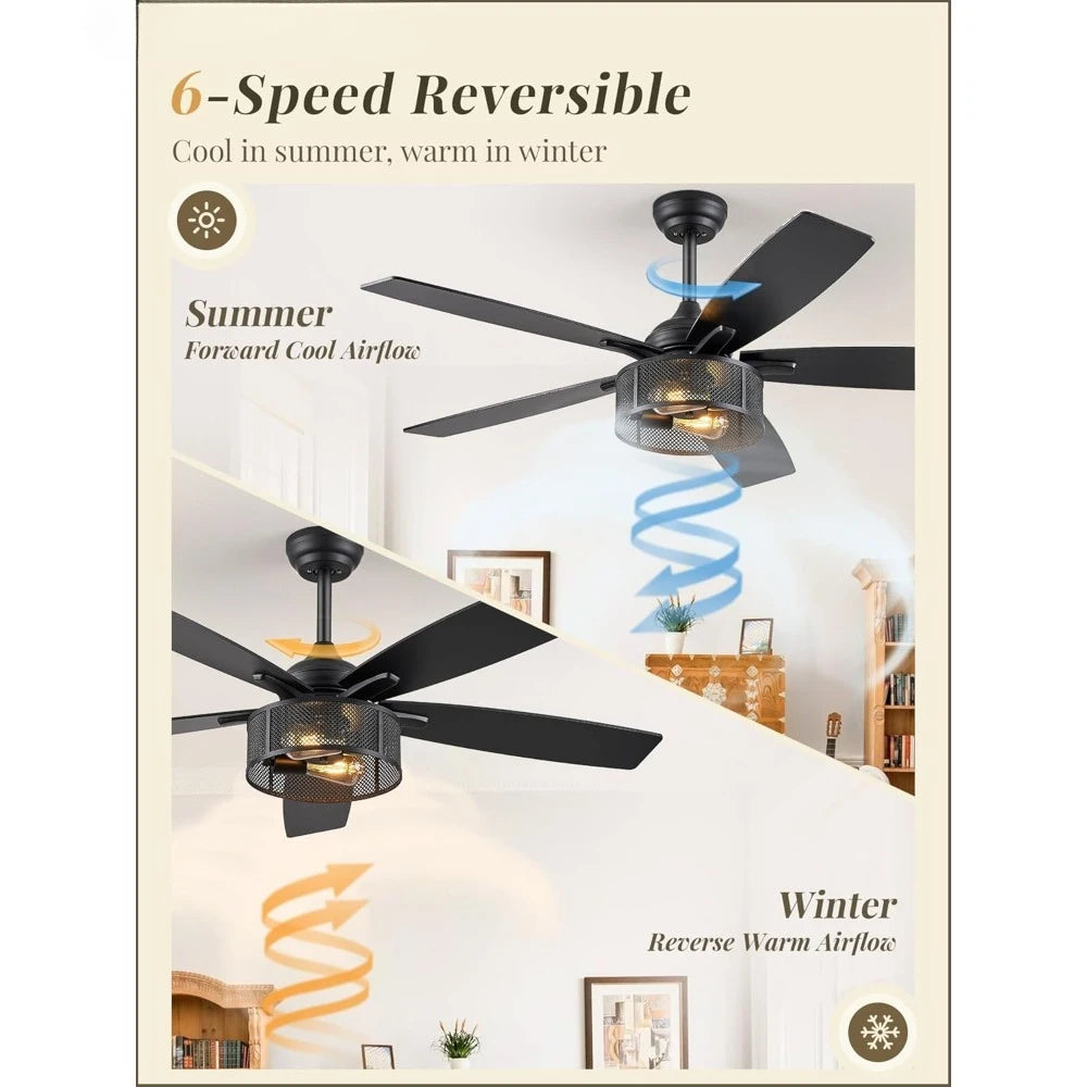 Farmhouse Ceiling Fans with Lights and Remote, 52 Inch Industrial Black Caged Ceiling Fans for Living Room Bedroom Kitchen, 6 Sp