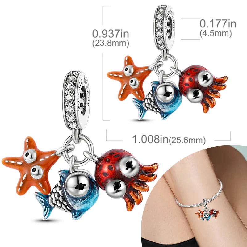 New Silver Plated Charms Beads Turtle Starfish Shell Sea Blue Summer Beads Fit Original Charms DIY Woman Jewelry Gift