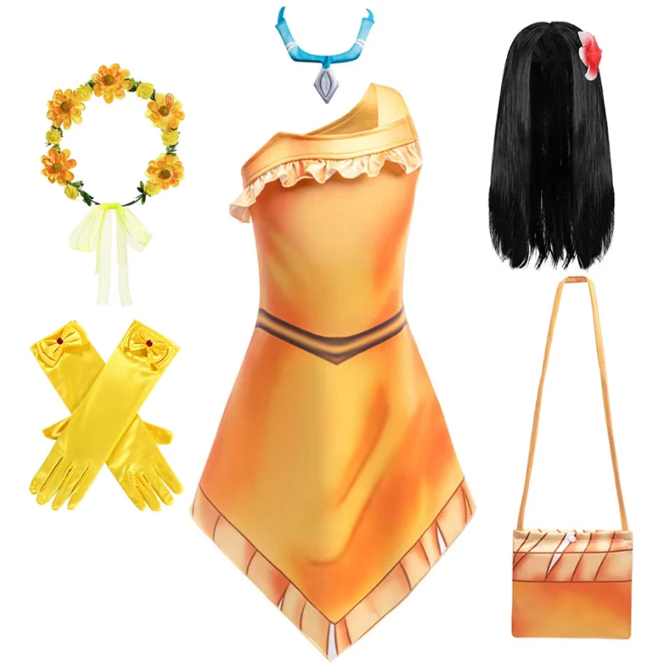 Girls Cosplay Princess Dress With Necklace Beach Indian Costume Kids Birthday Halloween Role Playing Matoaka Suspender Vestidos