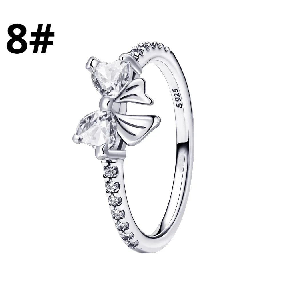 New 925 Silver Shining Ring Colorful Bow Tie Set Zircon Ring Earrings Bracelet Necklace Original For Women DIY Fine Jewelry Gift