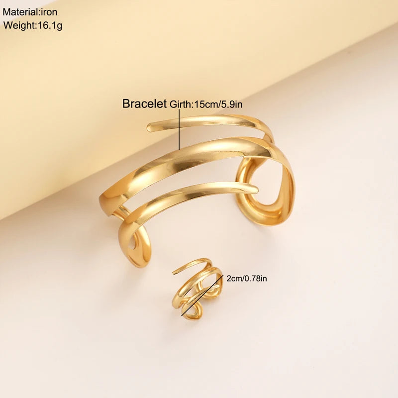 European And American Thick Bracelet And Ring Jewelry Set For Women Gold Color Geometric Line Bracelet Ring Combination Set Gift