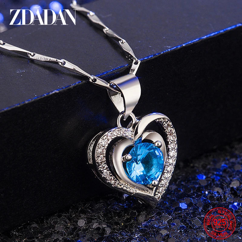 ZDADAN 925 Silver Double Heart Blue Zircon Necklace Chains For Women Wedding Jewelry