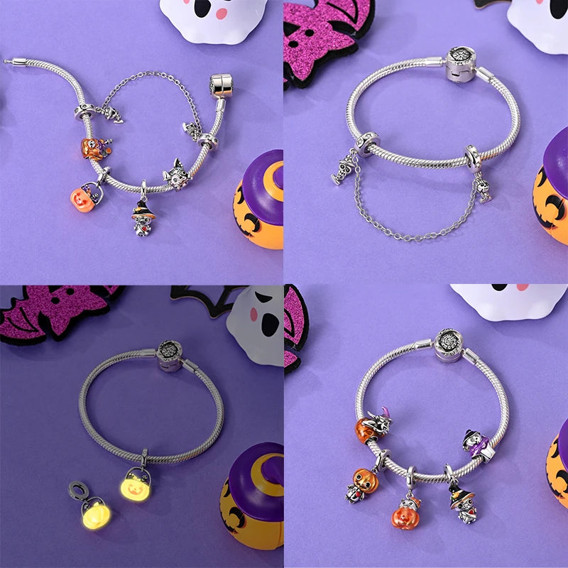 2025 Hot Sale Halloween Charms Bead 925 Sterling Silver Luminous Pumpkin Ghost Dangle Fit Bangle Bracelet Necklace DIY Jewelry