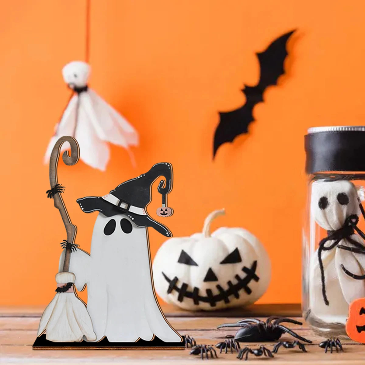 Halloween Decor Wooden Ghost with Witch Hat and Broom - Cute Home Party Ornament