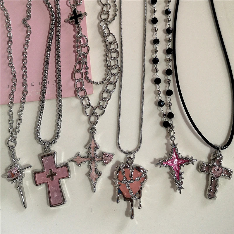 Gothic Y2K Pink Cross Heart Pendant Chain Choker Necklace For Women Egirl Hip Hop Punk Charms Aesthetic Jewelry EMO Accessories