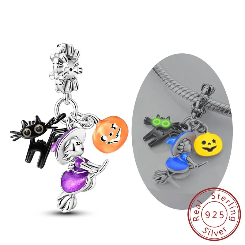 Halloween Charm Bead Pendant 925 Sterling Silver Pumpkin Witch Doll Skeleton Mummy Candy Charm Fit Original Bracelet DIY Jewelry