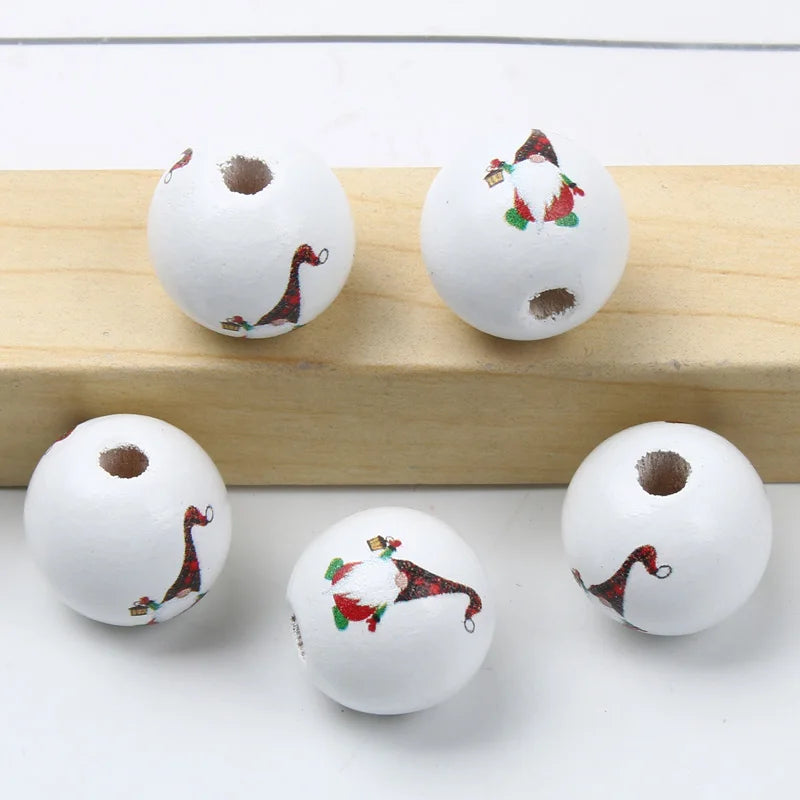 Round Balls Red Green Wooden Beads 15mm Cartoon Tree Letter Pattern Halloween Christmas Beads For Jewelry Making DIY Accessories